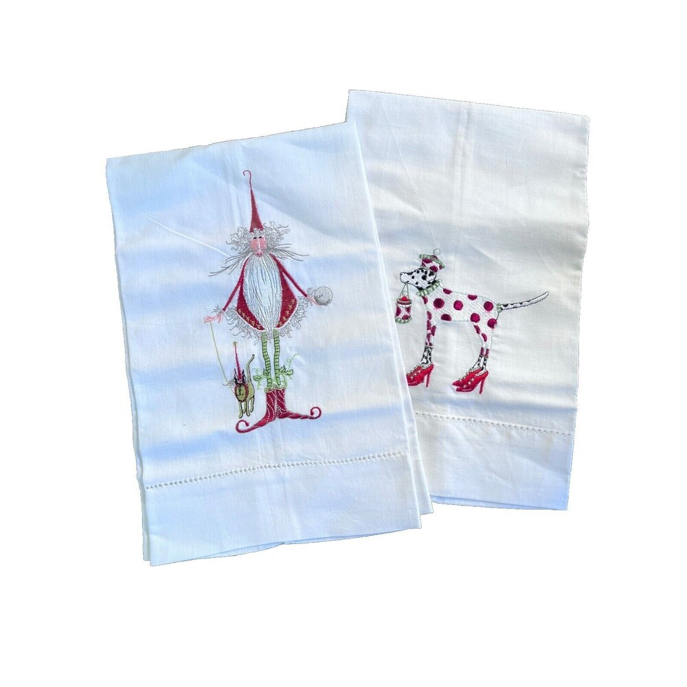Pair of White Linen Christmas Holiday Needlepoint Tea Guest Towels Santa Dog